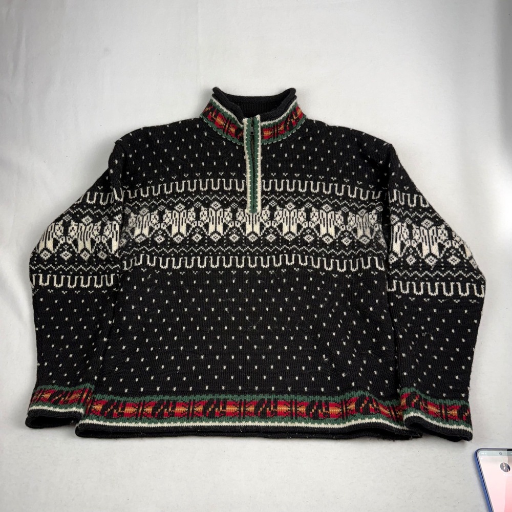EQ Vintage 100% Wool Fair Isle Quarter Zip Sweater Black Nordic Womens Large
